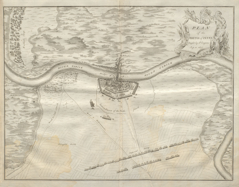 Plan of the Battle of Zenta… Sep 11 1697. Serbia. DU BOSC 1736 old antique map