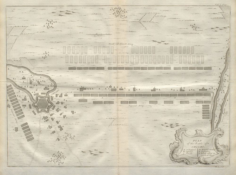 Plan of the Battle of Chiari. Lombardy, 1701. DU BOSC 1736 old antique map