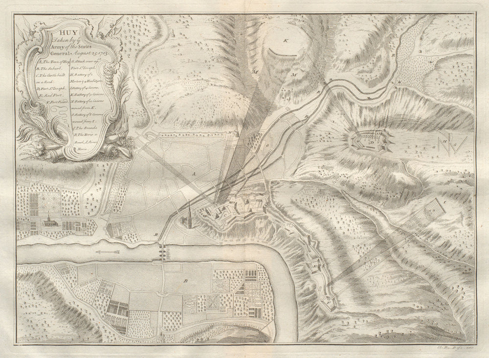 Huy taken by ye Army of the States General. 1703. Belgium. DU BOSC 1736 map
