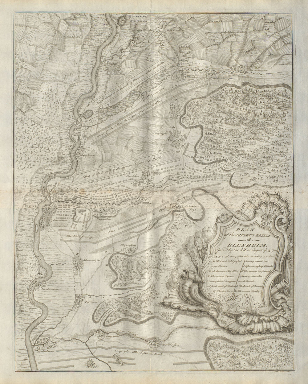 Plan of the glorious Battle of Blenheim, 1704. Höchstädt. DU BOSC 1736 old map