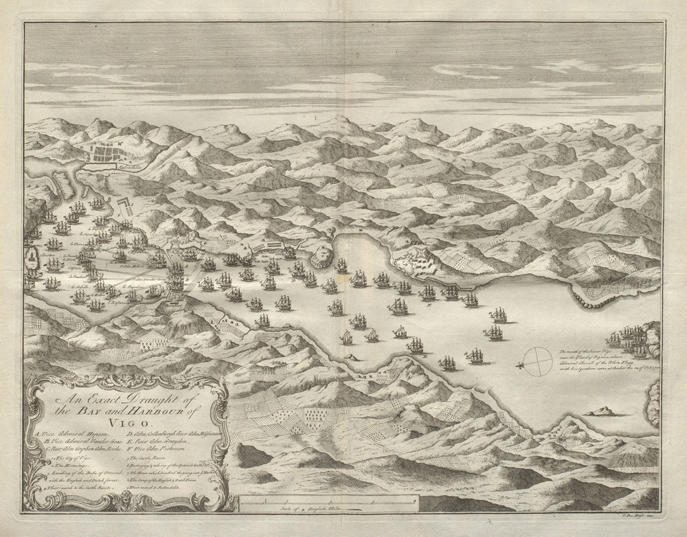 An exact draught of the Bay and Harbour of Vigo. 1702 Battle. DU BOSC 1736 map