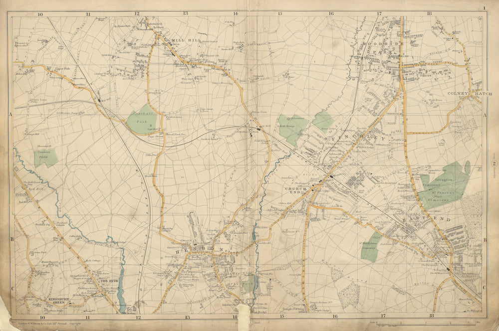 FINCHLEY/HENDON Mill Hill Colindale Fortis Green Colney Hatch BACON 1900 map