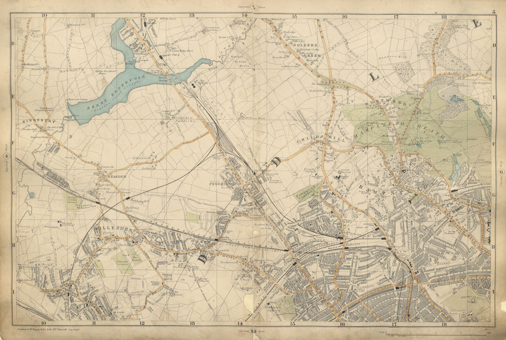 HAMPSTEAD WILLESDEN Cricklewood Kilburn Golders Green Belsize Pk BACON 1900 map