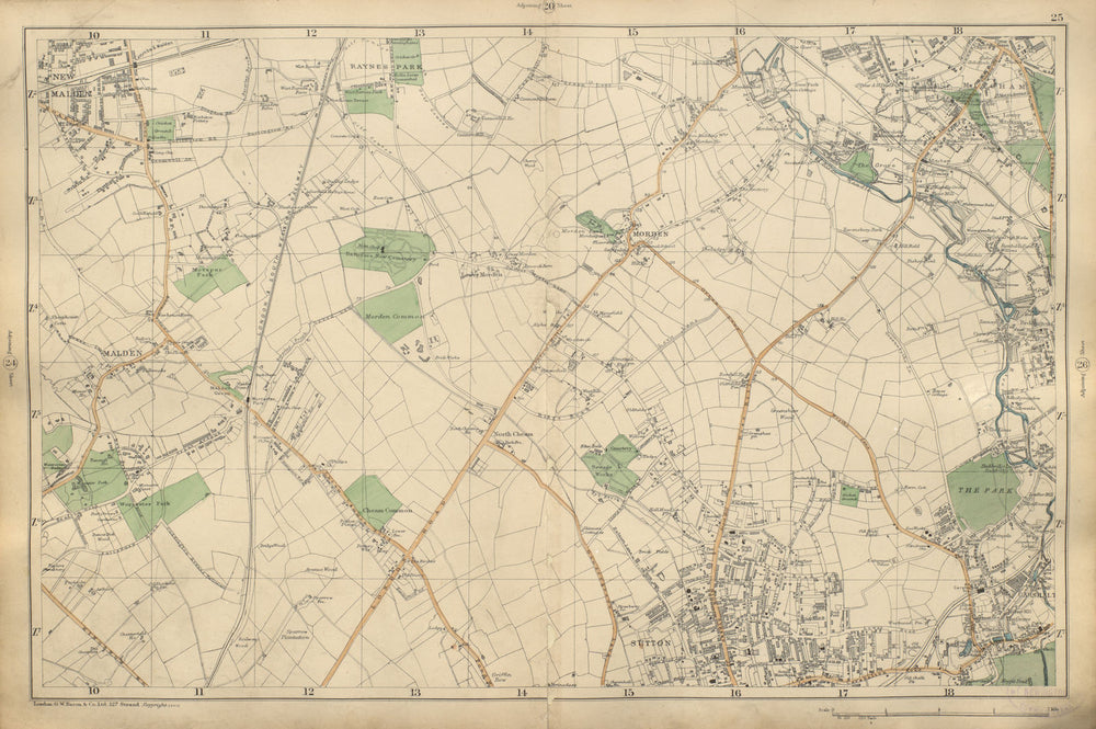 SUTTON Morden Carshalton New Malden Worcester Park Mitcham Cheam BACON 1900 map