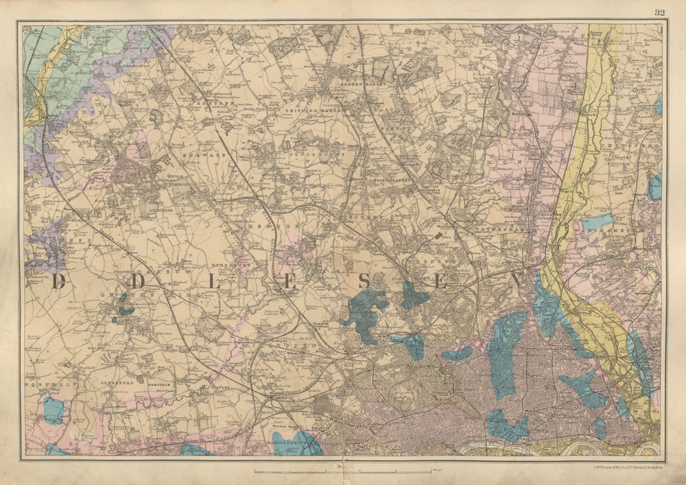 NW LONDON GEOLOGICAL Westminster Brent Islington Ealing Camden BACON 1900 map