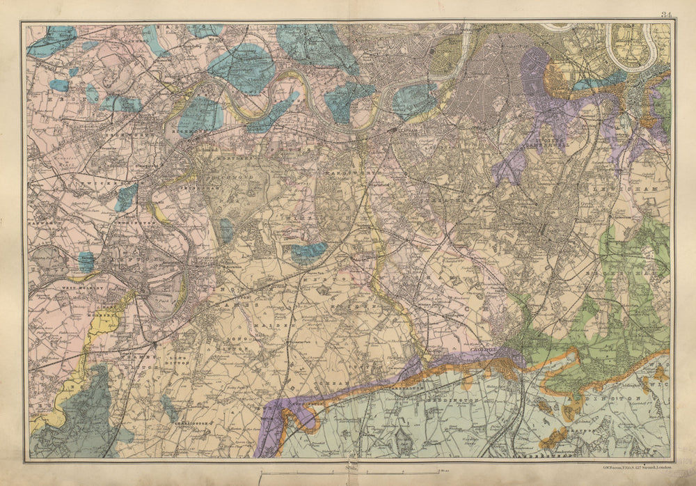SW LONDON GEOLOGICAL K&C Fulham Surrey Richmond Wandsworth BACON 1900 old map