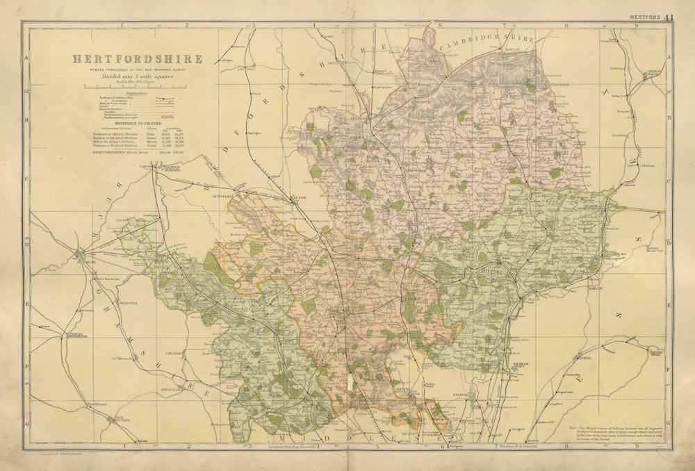 HERTFORDSHIRE County map Parliamentary constituencies Railways BACON 1900