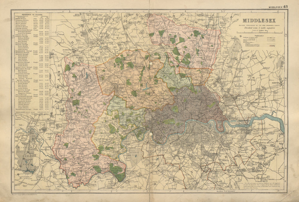 MIDDLESEX County map inc LONDON Parliamentary constituencies BACON 1900