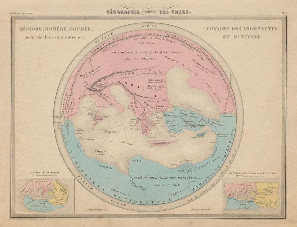 Ancient Greeks Hesiod Homer Orpheus world. Argonauts & Ulysses voyages c1871 map