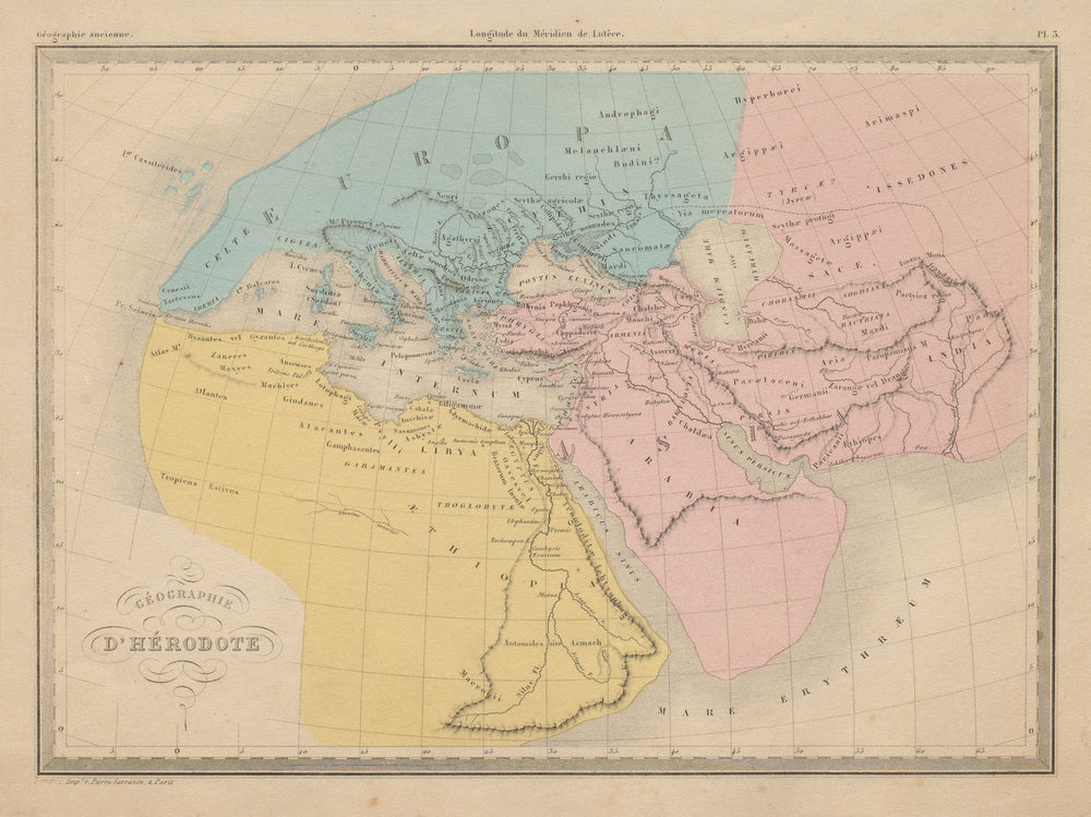 Géographie d'Hérodote. World per to Herodotus. Middle East. MALTE-BRUN c1871 map