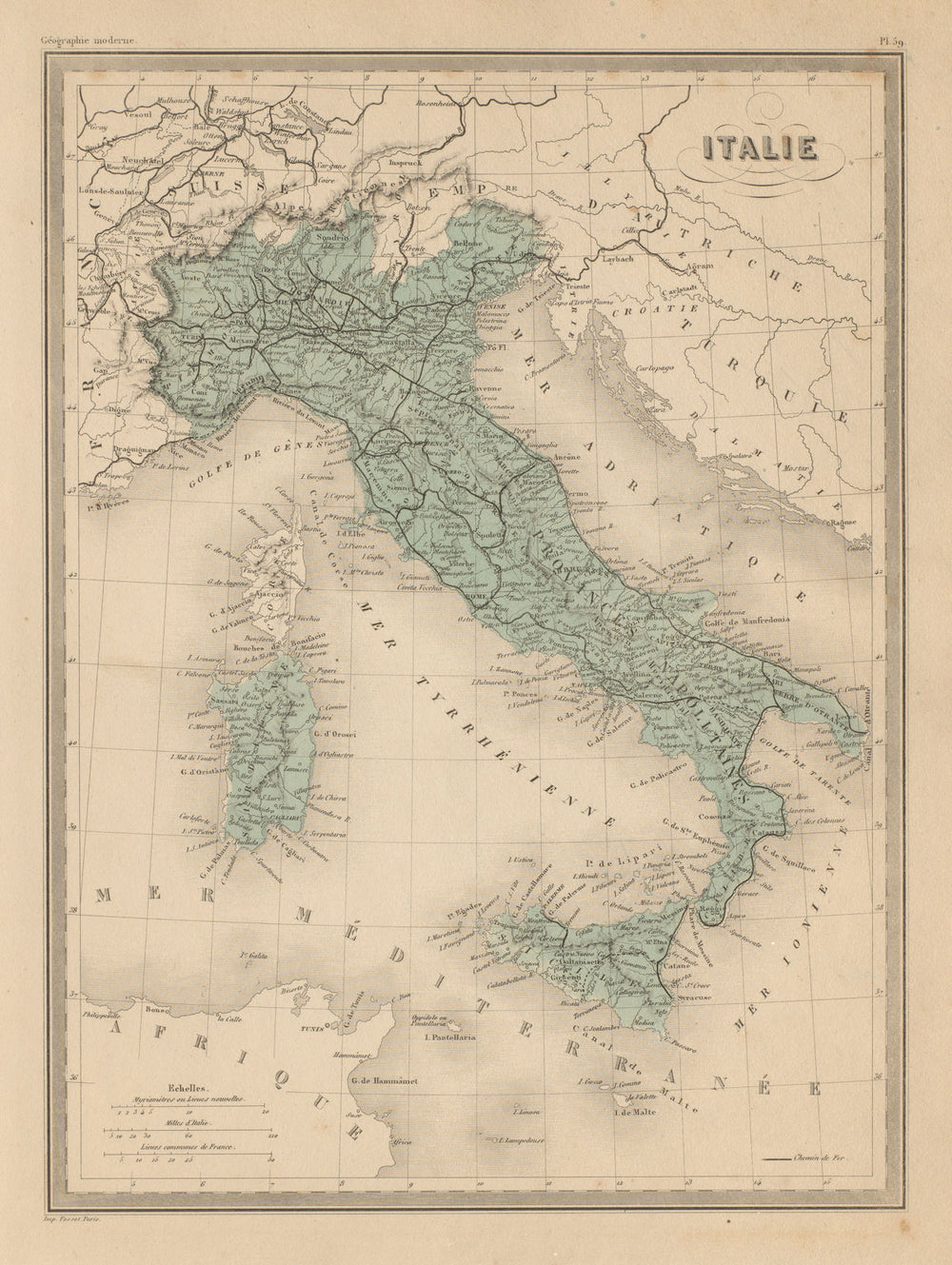Italie. Italy. Railways. MALTE-BRUN c1871 old antique vintage map plan chart