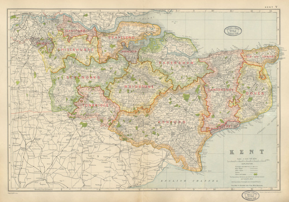 KENT. Showing Parliamentary divisions, parks & boroughs. BACON 1934 old map