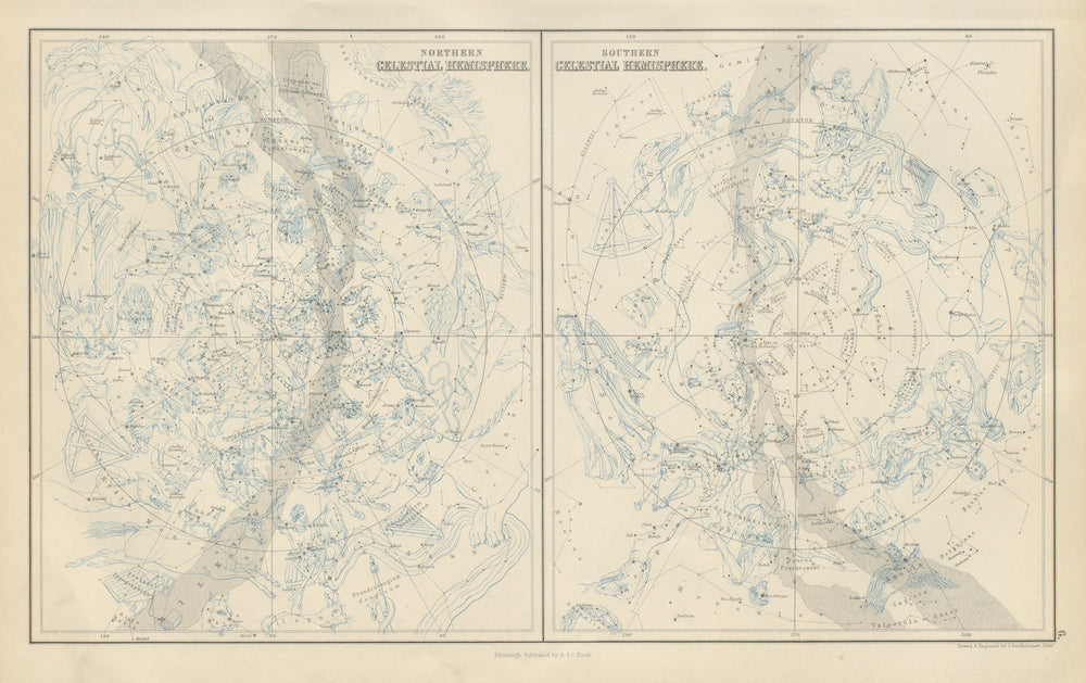 Northern & Southern Celestial Hemispheres. Star charts. BARTHOLOMEW 1882 map