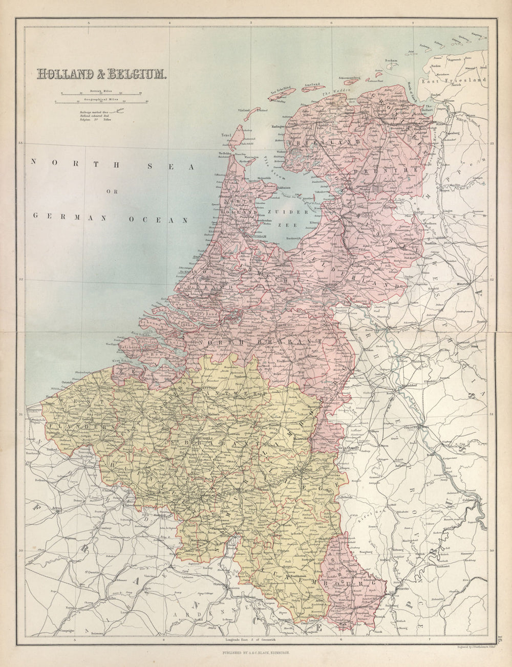 Holland, Belgium & Luxembourg. Benelux. BARTHOLOMEW 1882 old antique map chart