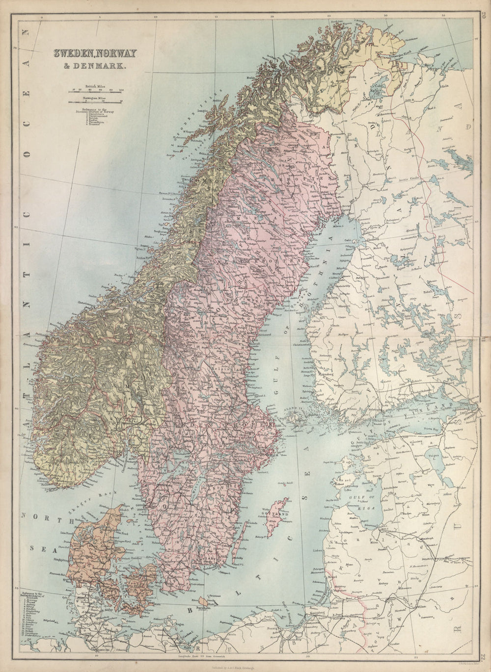Sweden, Norway and Denmark. Scandinavia. BARTHOLOMEW 1882 old antique map