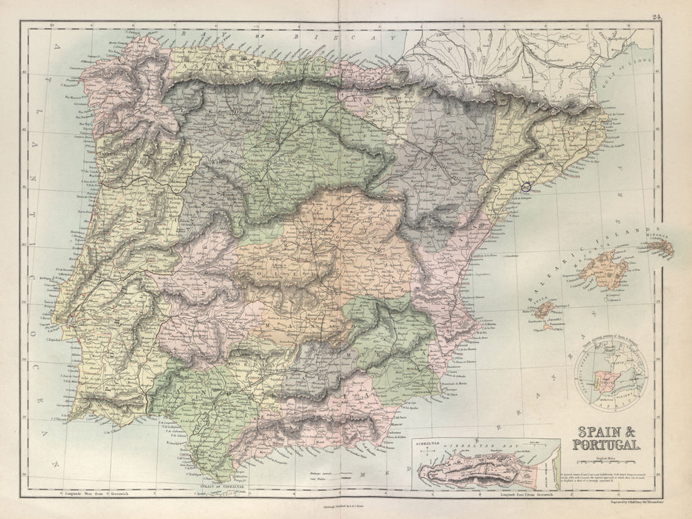 Spain and Portugal in provinces. Iberia Gibraltar. BARTHOLOMEW 1882 old map