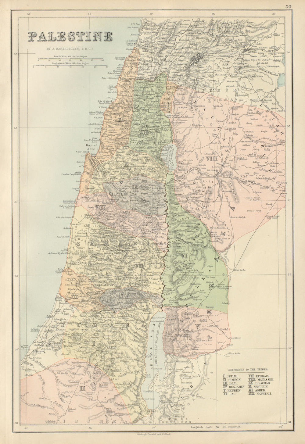 Palestine. 12 tribes of Israel. Holy Land. Lebanon Jordan BARTHOLOMEW 1882 map