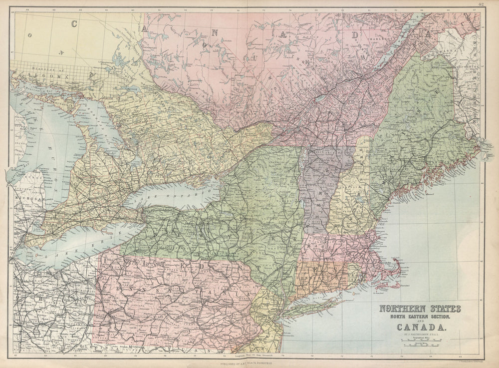 North East USA & Canada. Great Lakes. New England NY PA. BARTHOLOMEW 1882 map