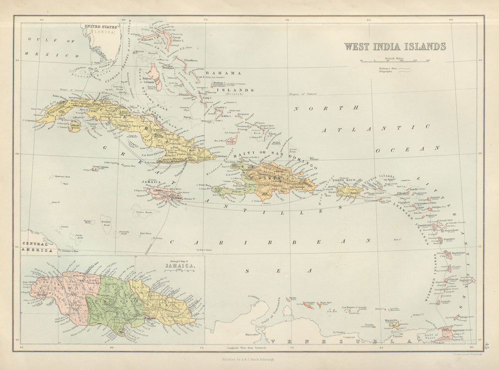 West India Islands. West Indies Caribbean Jamaica Antilles. BARTHOLOMEW 1882 map
