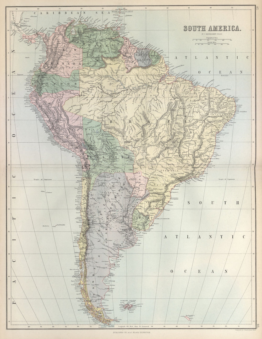 South America. Bolivia w/ Litoral pre War of the Pacific. BARTHOLOMEW 1882 map