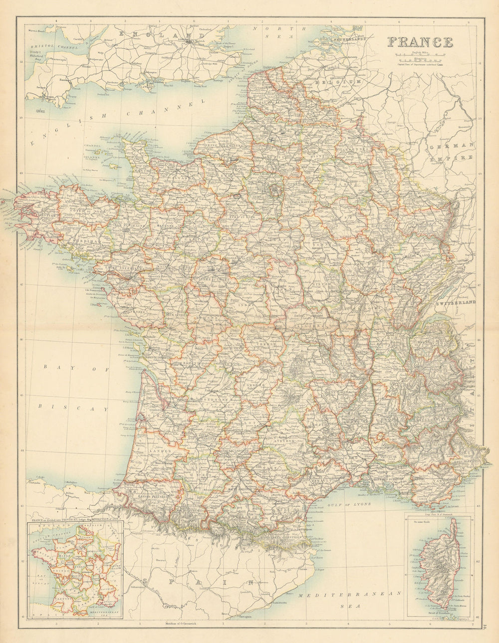 France without Alsace Lorraine. Departements. BARTHOLOMEW 1898 old antique map