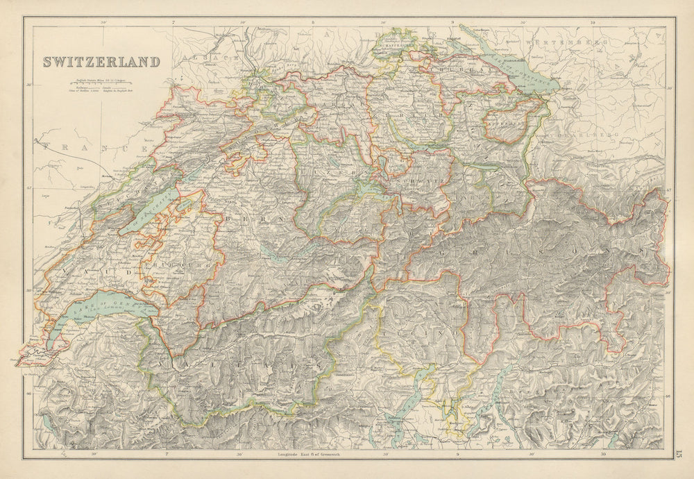 Switzerland in Cantons. BARTHOLOMEW 1898 old antique vintage map plan chart
