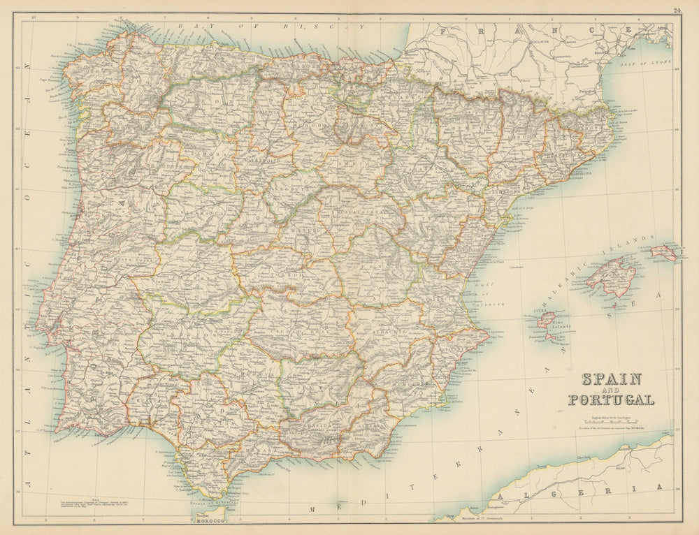 Spain and Portugal in provinces. Iberia. BARTHOLOMEW 1898 old antique map