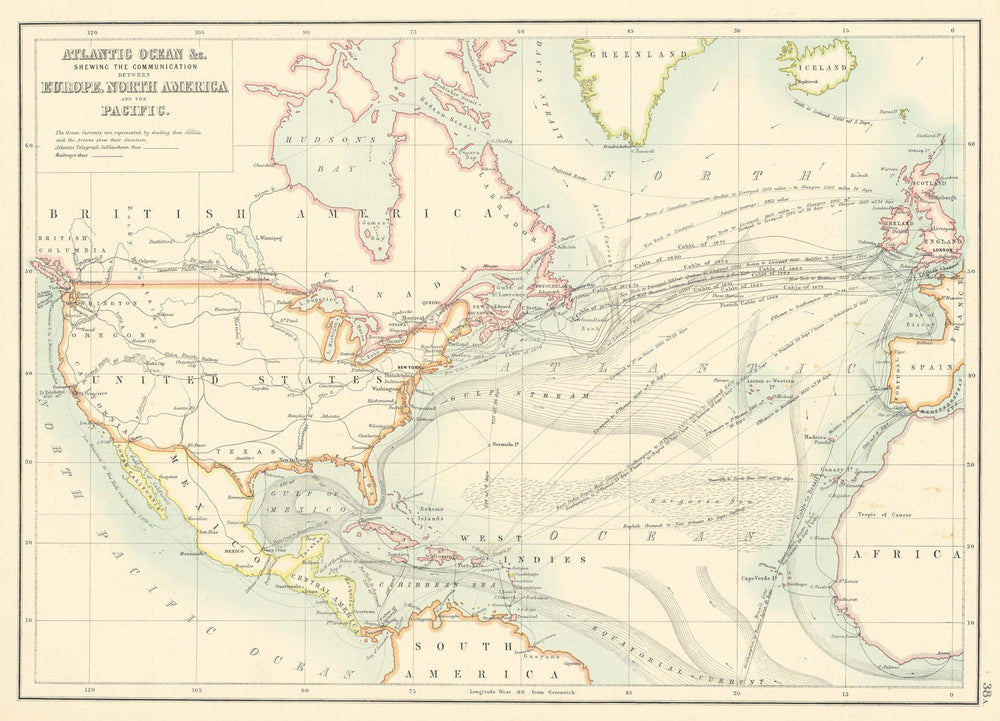 Atlantic Ocean cables shipping current Europe North America BARTHOLOMEW 1898 map