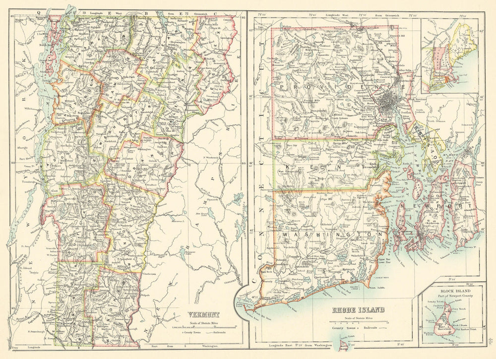 Rhode Island and Vermont state maps showing counties. BARTHOLOMEW 1898 old