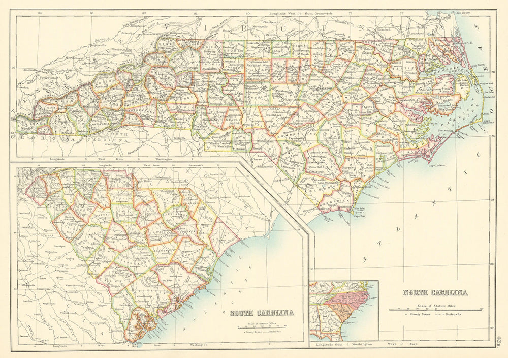 North and South Carolina state maps showing counties. BARTHOLOMEW 1898 old