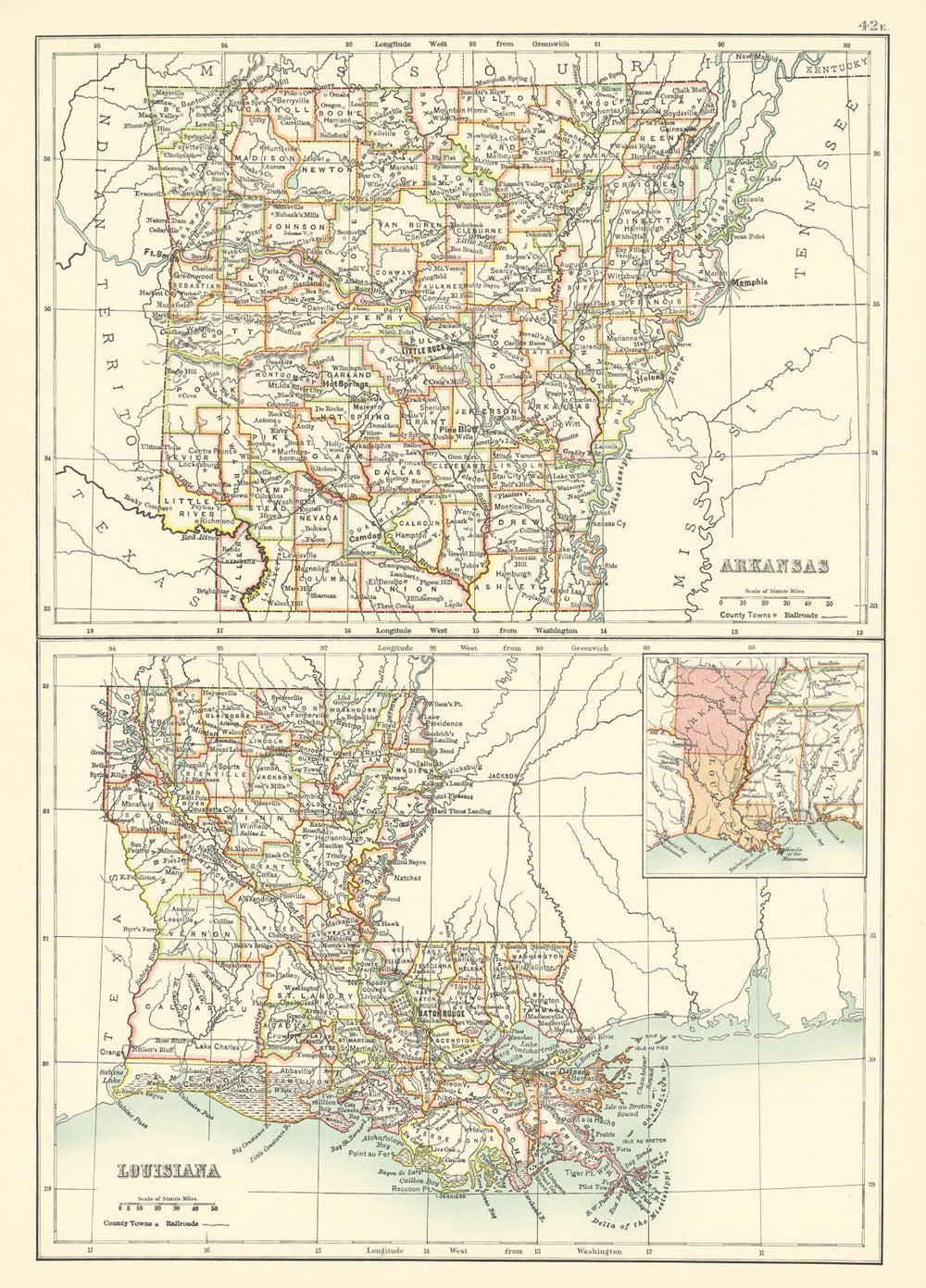 Louisiana and Arkansas state maps showing parishes/counties. BARTHOLOMEW 1898
