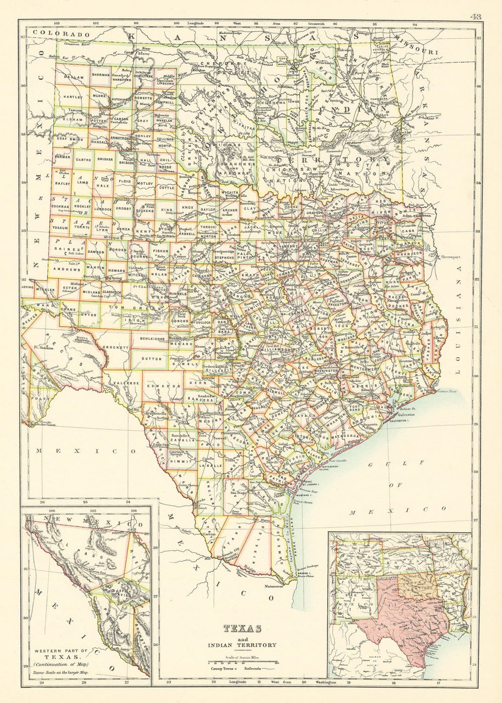 Texas and Indian Territory state maps showing counties. BARTHOLOMEW 1898