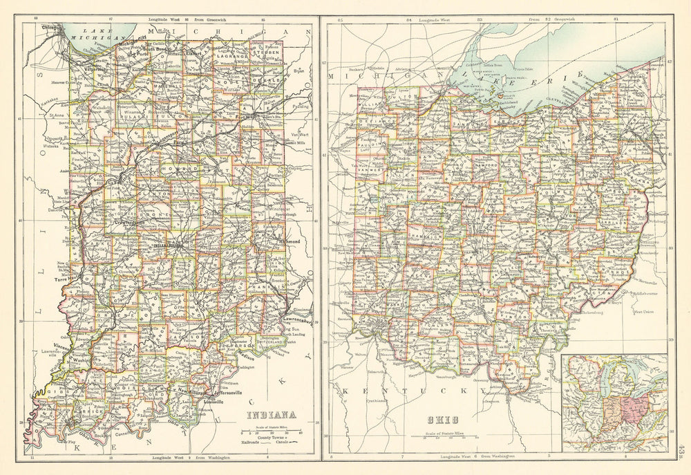 Indiana and Ohio state maps showing counties. BARTHOLOMEW 1898 old antique
