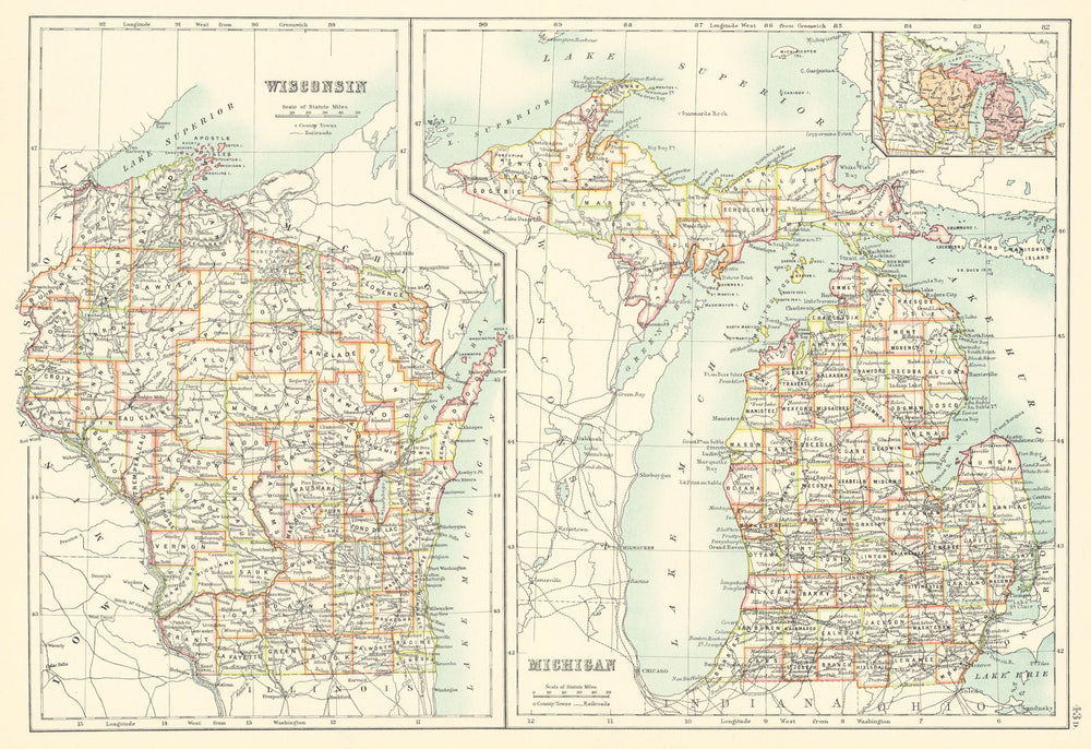 Michigan and Wisconsin state maps showing counties. BARTHOLOMEW 1898 old
