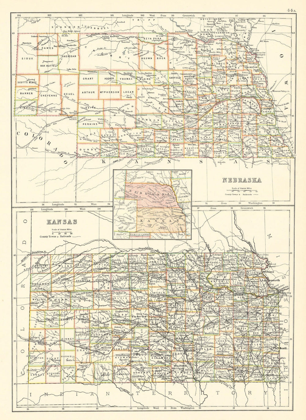 Nebraska and Kansas state maps showing counties. BARTHOLOMEW 1898 old