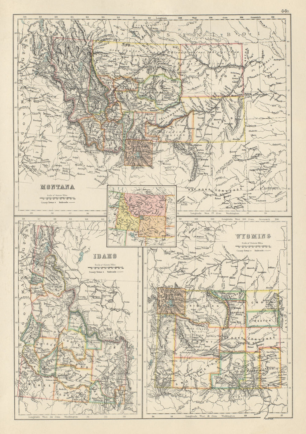 Montana, Idaho, and Wyoming state maps showing counties. BARTHOLOMEW 1898