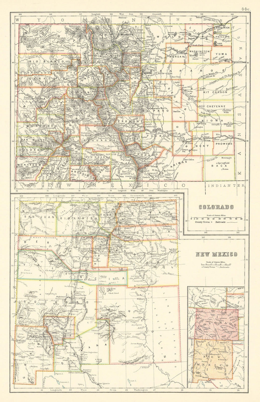 Colorado and New Mexico state maps showing counties. BARTHOLOMEW 1898 old