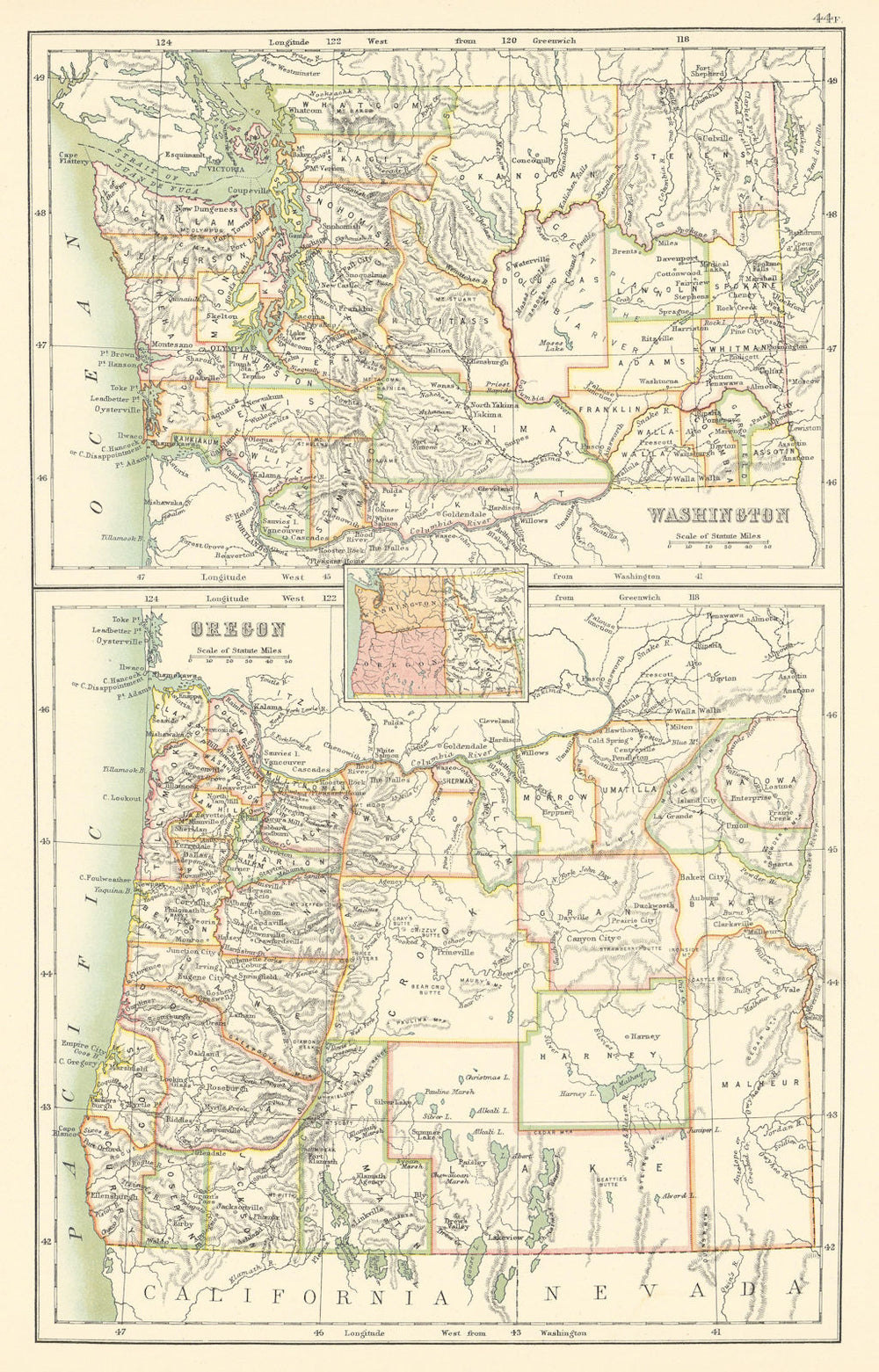 Oregon and Washington state maps showing counties. BARTHOLOMEW 1898 old