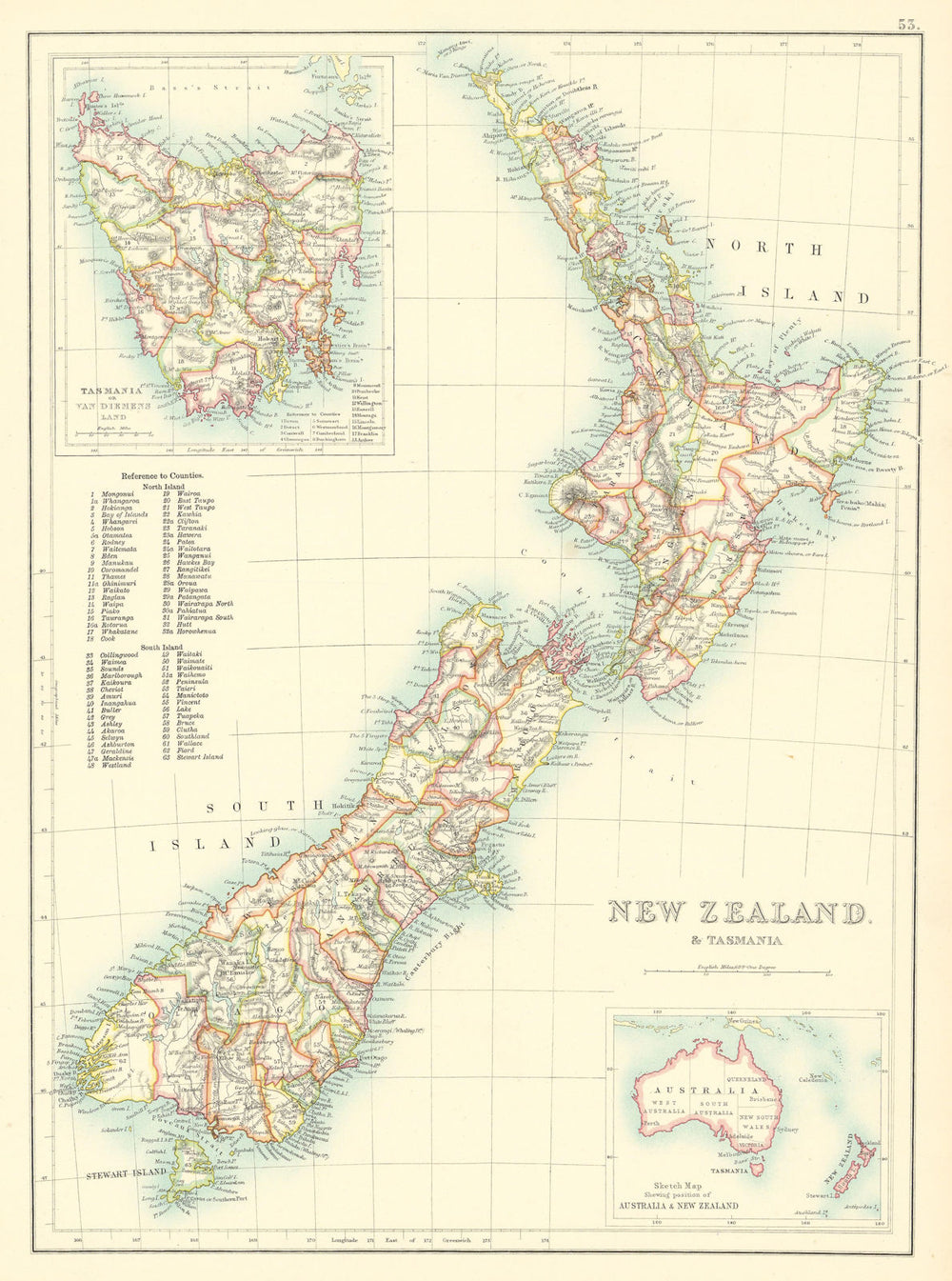 New Zealand in counties and Tasmania. BARTHOLOMEW 1898 old antique map chart