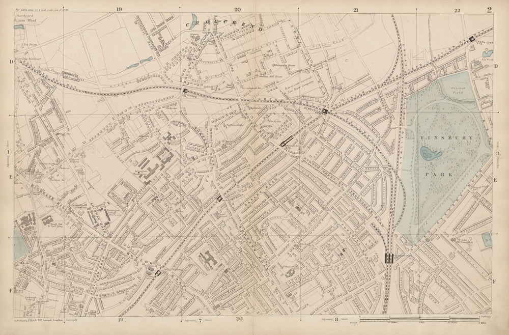 FINSBURY PARK Crouch End Stroud Green Highgate Archway Harringay c1887 old map