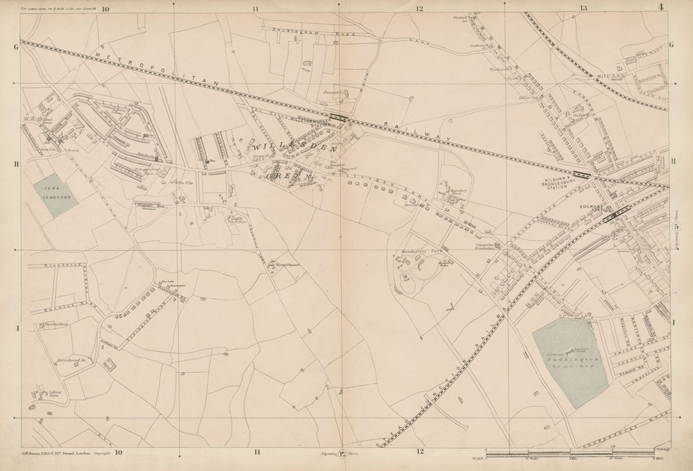 WILLESDEN GREEN Kilburn Brondesbury Queens Park Dollis Hill Kensal c1887 map