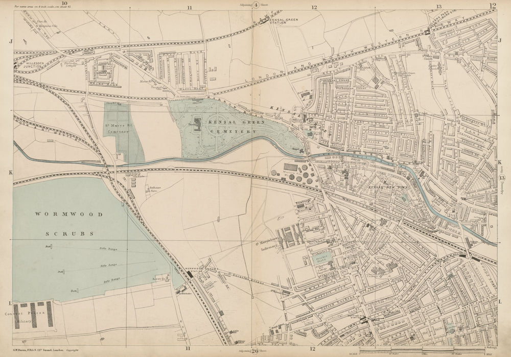 KENSAL GREEN Kilburn Maida Hill Ladbroke Grove Kensington Queens Park c1887 map