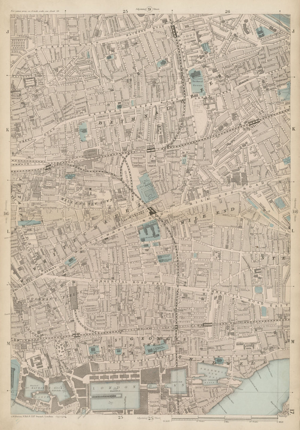 BETHNAL GREEN WHITECHAPEL Mile End Shadwell Wapping Stepney Shoreditch c1887 map