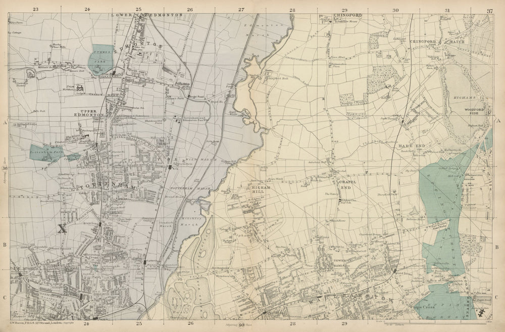 TOTTENHAM WALTHAMSTOW EDMONTON Chingford Hale End Epping Forest BACON  c1887 map