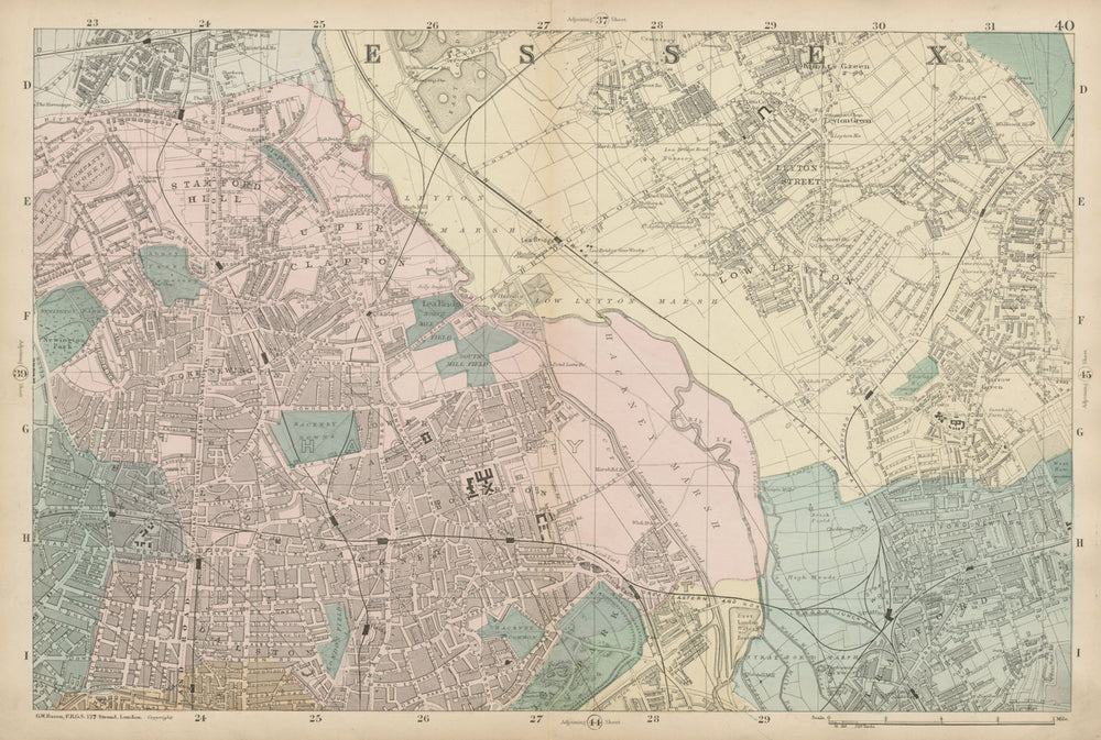 HACKNEY STRATFORD LEYTON/STONE STOKE NEWINGTON Clapton Dalston. BACON  c1887 map