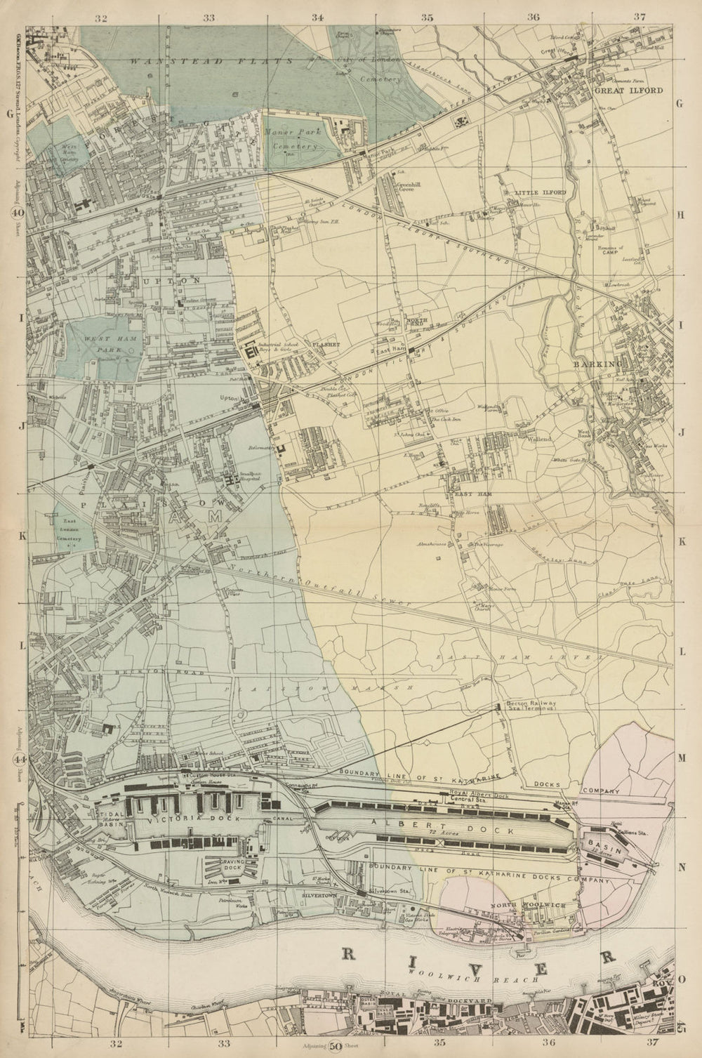 LONDON Royal Docks Woolwich Wanstead West/E Ham Beckton Barking Ilford c1887 map