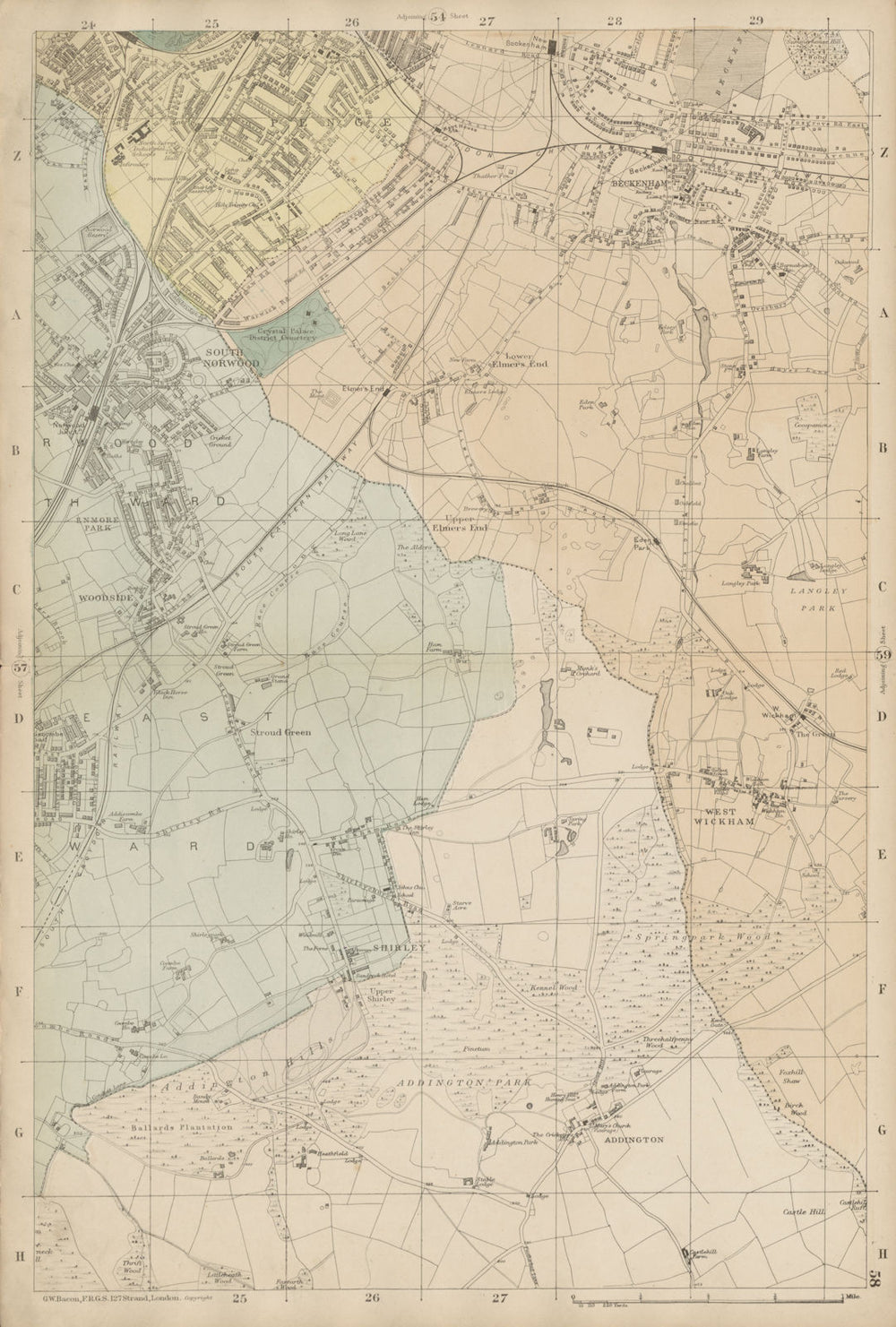 S LONDON Beckenham West Wickham South Norwood Penge Woodside Addington c1887 map
