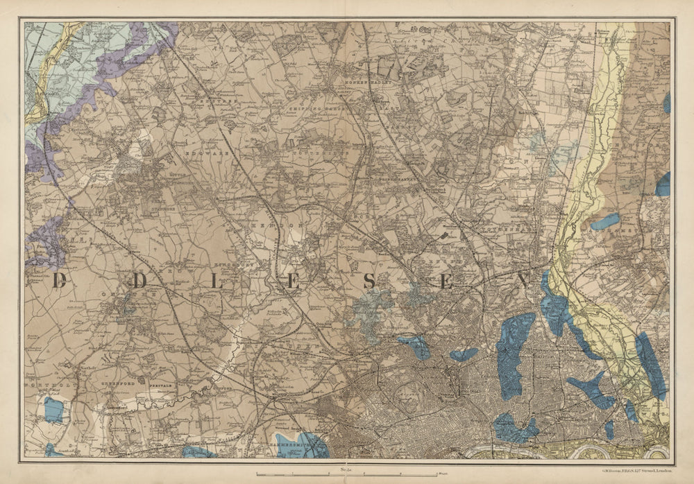 NW LONDON GEOLOGICAL Westminster Islington Brent Ealing Camden.BACON c1887 map