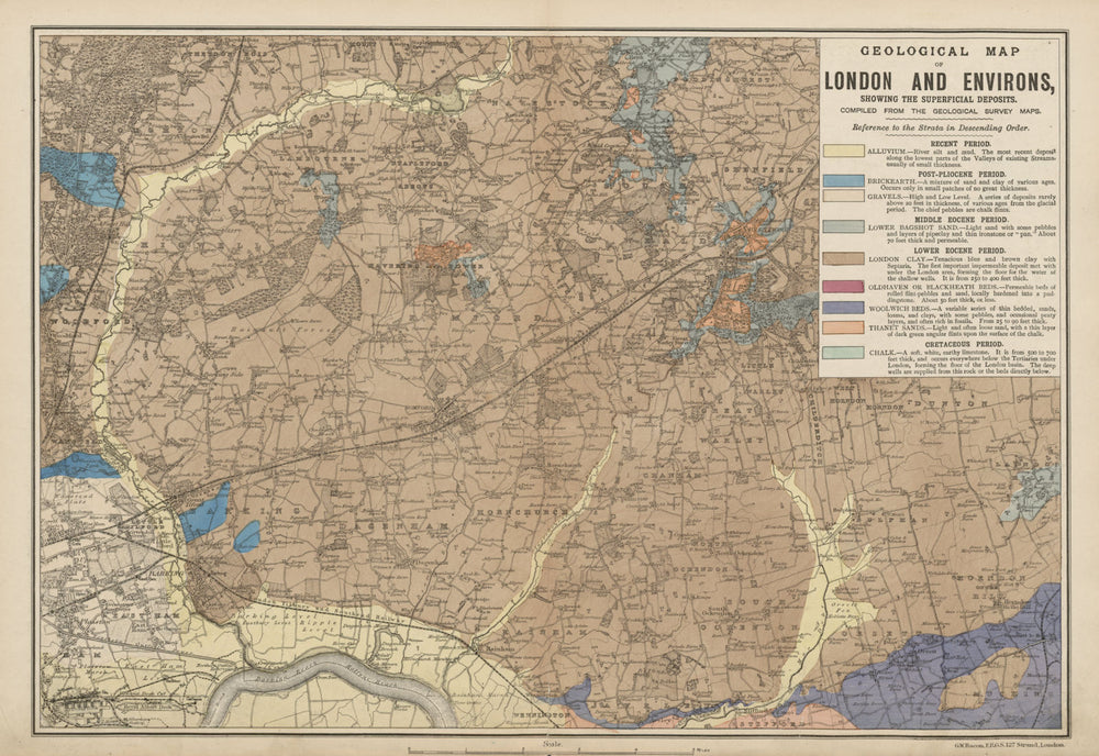 NE LONDON GEOLOGICAL Essex Redbridge Newham Barking Dagenham &c.BACON c1887 map