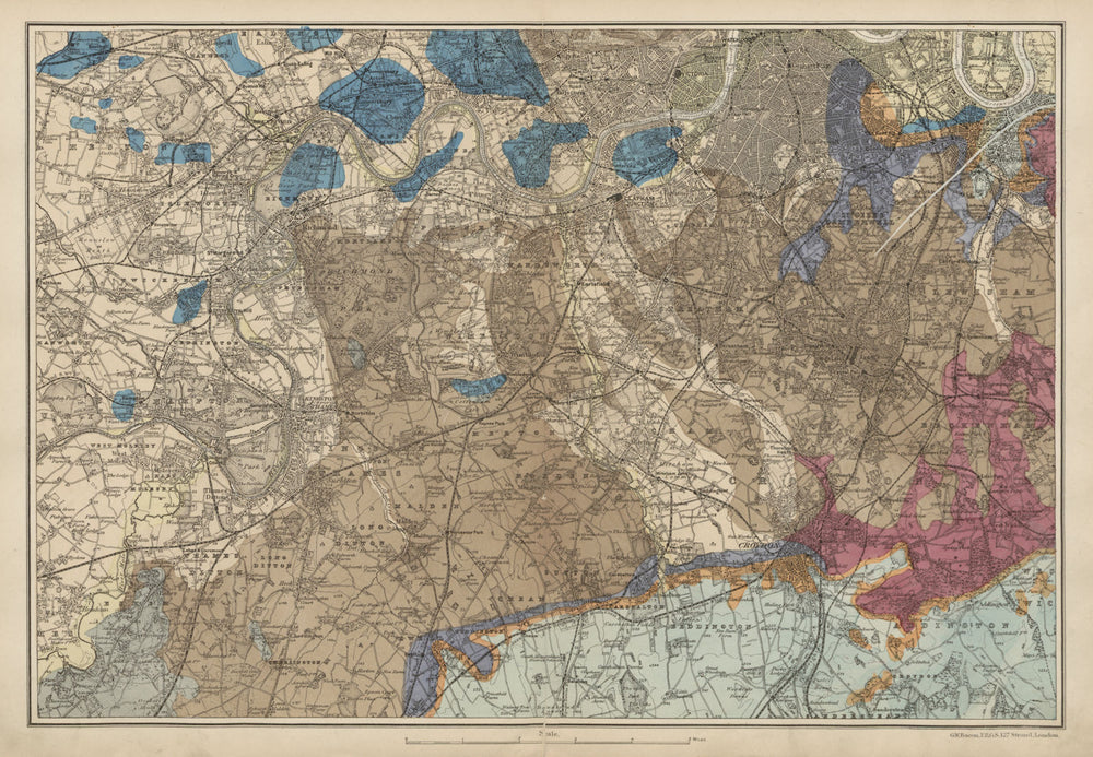 SW LONDON GEOLOGICAL K&C Fulham Surrey Richmond Wandsworth &c. BACON c1887 map